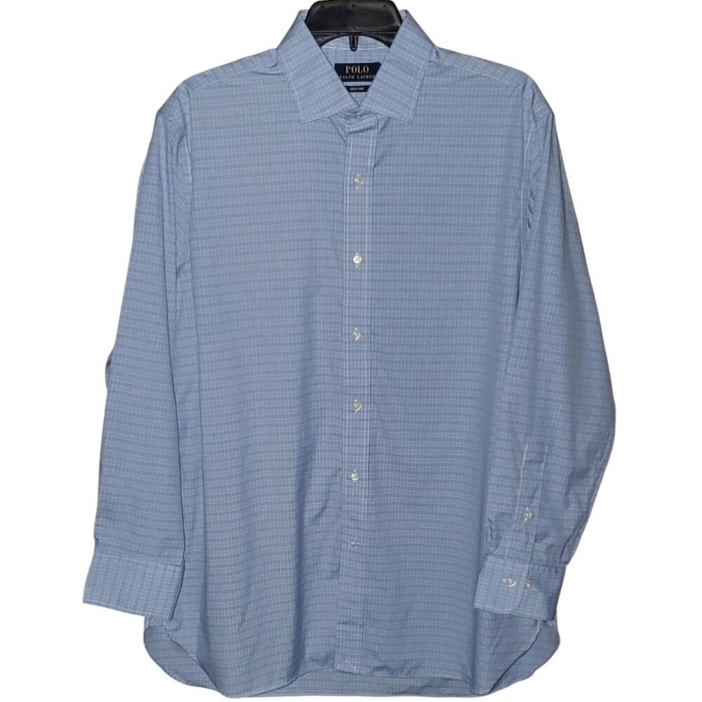 RALPH LAUREN Blue Checked Dress Shirt Size 16.5  32/33 Long Slv Button Easy Care - Picture 2 of 6